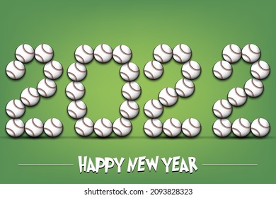 Happy New Year. 2022 numbers made from baseball balls. Design pattern for greeting card, banner, poster, flyer, party invitation, calendar. Vector illustration