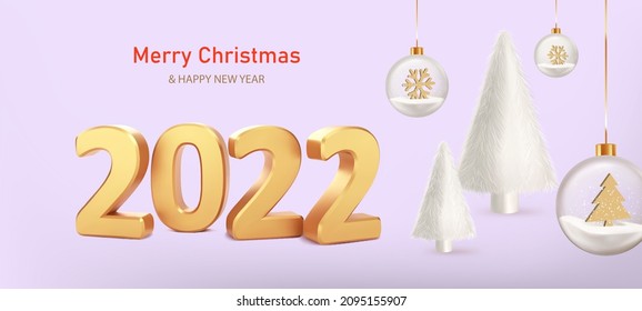 Happy New Year 2022. Numbers 2022 with fur balls and white fur Christmas trees on lilac background. Trendy Xmas background with glass balls, glitter golden confetti. Realistic vector illustration