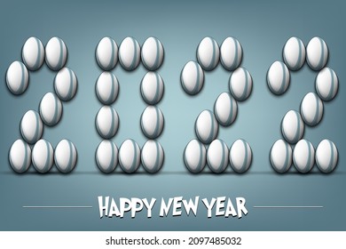 Happy New Year. 2022 numbers made from rugby balls. Design pattern for greeting card, banner, poster, flyer, party invitation, calendar. Vector illustration