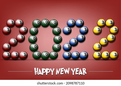 Happy New Year. 2022 numbers made from billiard balls. Design pattern for greeting card, banner, poster, flyer, party invitation, calendar. Vector illustration