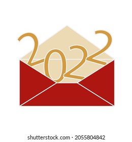 Happy New year 2022 on a red background. The numbers in the envelope. Greeting Card, vector banner.