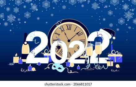 Happy new year 2022 on blue background with big clock, candles, carnival mask, champagne bottle, gift boxes, two wine glasses, colorful tinsel, santa's hat, snowflakes. Vector illustration