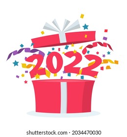 Frohes neues Jahr 2022. Offenes Geschenk mit Serpentine Konfetti und fliegenden Nummern 2022.  Vektorgrafik-Cartoon-Design. Template für Gratulationen, Feierlichkeiten für Web und Print. Preissymbol.
