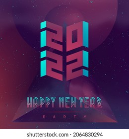 Happy New Year 2022 party. Futuristic design poster with abstract elements in dark space. Illustration applicable for covers, placards, music posters and dj flyers.