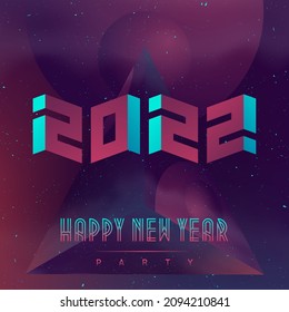 Happy New Year 2022 party. Futuristic design poster with abstract elements in dark space. Illustration applicable for covers, placards, music posters and dj flyers. Figures levitating in outer space.