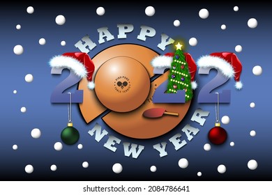 Happy new year. 2022 with ping-pong ball. Numbers in Christmas hats and Christmas tree balls. Original template design for greeting card. Vector illustration on isolated background