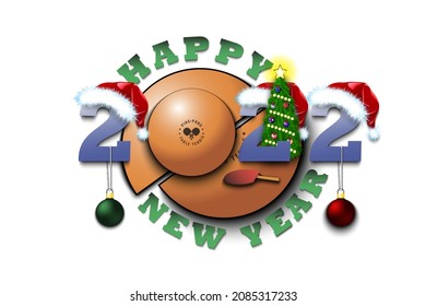 Happy new year. 2022 with ping-pong ball. Numbers in Christmas hats and Christmas tree balls. Original template design for greeting card. Vector illustration on isolated background