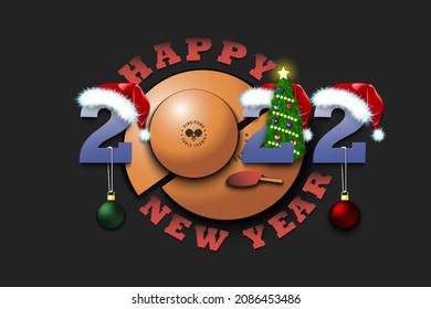 Happy new year. 2022 with ping-pong ball. Numbers in Christmas hats and Christmas tree balls. Original template design for greeting card. Vector illustration on isolated background