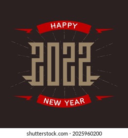 Happy New Year 2022 - poster with stylized inscription and red lightnings on dark background. T-shirt apparels cool print with inscription.