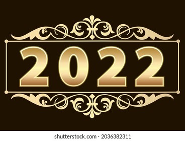  Happy New Year 2022 poster with golden numbers 2022 on dark background with creative pattern. Vector template illustration for christmas postcards, calendars, advertisements, packages, icon