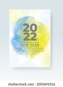 Happy new year 2022 poster or card template with watercolor wash splash 