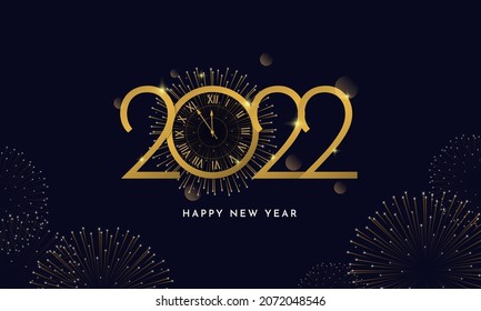 Happy New Year 2022 Poster. Golden Typography Line with Elegant Classic Watch and Fireworks Background Vector Illustration Design - Shutterstock ID 2072048546