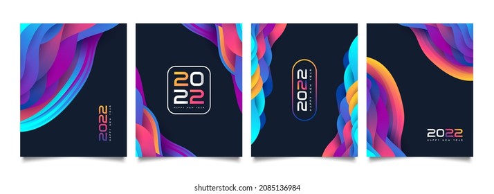 Happy New Year 2022 Poster Set with Colorful Wave Background Design. 2022 Number Design Template. New Year Celebration Design Template for Flyer, Poster, Brochure, Card, Banner or Postcard