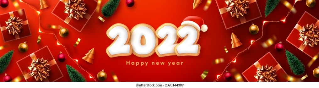Happy New Year 2022 Poster or banner with Gingerbread cookies in the form of numbers 2022 and christmas element.Banner template for Retail,Shopping,New year or Christmas Promotion.