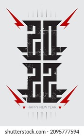 Happy New Year 2022 - poster with stylized inscription, red lightnings and stars. T-shirt apparels cool print with inscription 20 22. Vector.