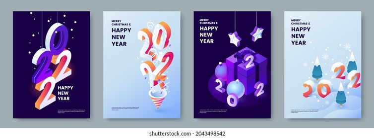 Happy New Year 2022 posters collection in isometric style. Greeting card template with isometric graphics and typography. Creative concept for banner, flyer, cover, social media. Vector illustration.