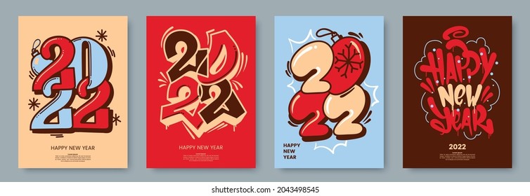 Happy New Year 2022 posters collection in graffiti style. Greeting card template with hand drawn typography. Creative concept for banner, flyer, cover, social media. Vector illustration.