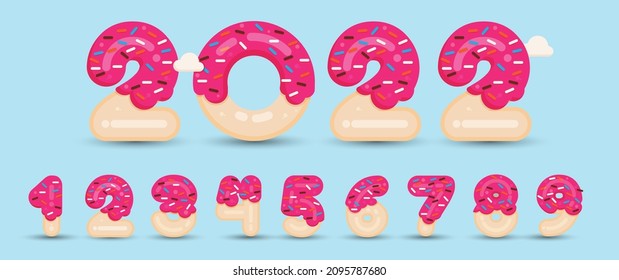 Happy New Year 2022, Happy New Year posters. Templates with typography logo 2022 for celebration and season decoration. sweet donut typography.