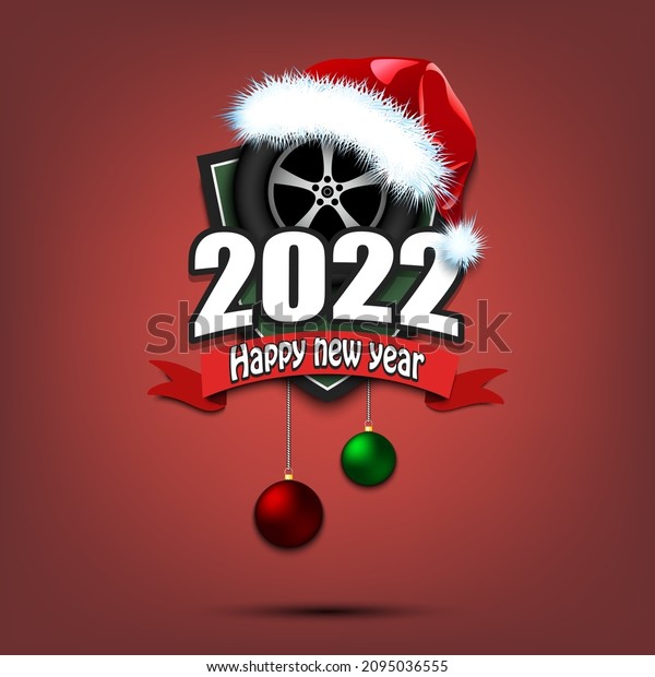 Happy new year 2022.\
Racing logo template design. Car wheel in santa hat. Design pattern\
for greeting card, banner, poster. Vector illustration on isolated\
background