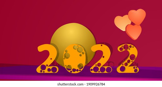 Happy New Year 2022. realistic heart shape Gold metal number. 3d vector gold metal sign and letter text. Celebrate the 2022 party. Christmas posters, banners, cover cards, brochures, flyers, layout de