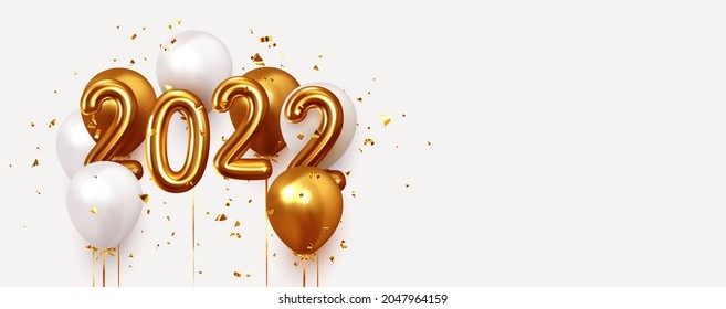 Happy New Year 2022. Realistic gold and white balloons. Background design metallic numbers date 2022 and helium ballon on ribbon, glitter golden bright confetti