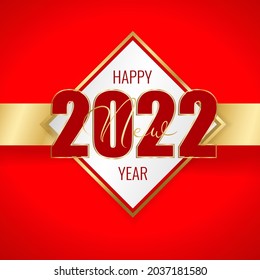 Happy New Year 2022. Red number on white sticker and gold ribbon on red background. Template for New Year design. Vector illustration