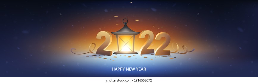 Happy new year 2022. Retro lantern in the snow with 3D golden numbers, confetti with ribbons and snowflakes in background.