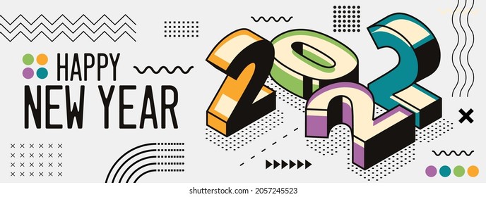 happy new year 2022 retro style cover with modern geometric abstract background with isometric. happy new year greeting card banner design for 2022 calligraphy. Yellow green blue Vector illustration