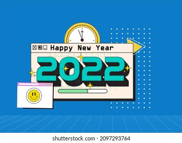 Happy New Year 2022 in retro style with colorful design. for branding, banner, cover, card, social media, poster.Template design. Vector illustration