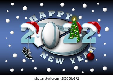 Happy new year. 2022 with rugby ball. Numbers in Christmas hats with football boot and Christmas tree ball. Original template design for greeting card. Vector illustration on isolated background