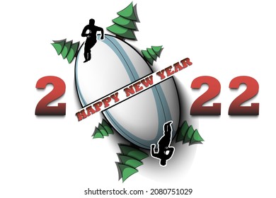 Happy new year. 2022 with rugby ball, Christmas trees and rugby player. Original template design for greeting card, banner, poster. Vector illustration on isolated background