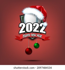 Happy new year 2022. Rugby logo template design. Rugby ball in santa hat. Design pattern for greeting card, banner, poster. Vector illustration on isolated background