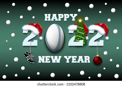 Happy new year. 2022 with rugby ball. Numbers in Christmas hats and Christmas tree ball. Original template design for greeting card. Vector illustration on isolated background