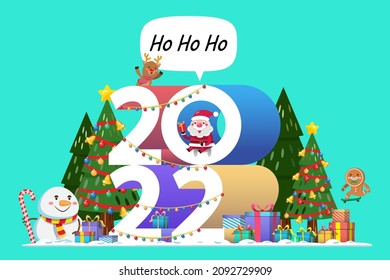 Happy New Year 2022 with a santa claus present a gift box for people on the world. Merry Christmas cutout element for Holiday cards, invitations, banner, poster and website celebration decoration