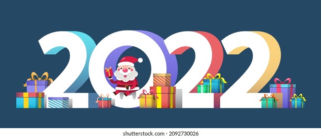 Happy New Year 2022 with a santa claus present a gift box for people on the world. Merry Christmas cutout element for Holiday cards, invitations, banner, poster and website celebration decoration