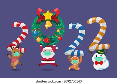 Happy New Year 2022 with a santa claus and team Lifting 2020 Overhead. Merry Christmas cutout element for Holiday cards, invitations, banner, poster and website celebration decoration