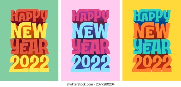 Happy New Year 2022. Set of 3 Colorful Postcards, no Mesh, Vector EPS10