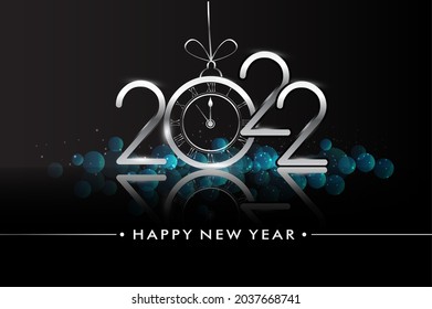 Happy New Year 2022 - New Year Shining background with clock and glitter.