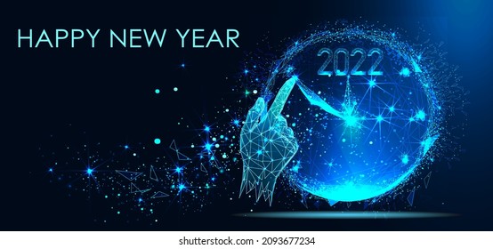 Happy New Year 2022. New Year Shining background with clock and glitter. Triangles and particle style design. Polygon vector wireframe concept. Headline