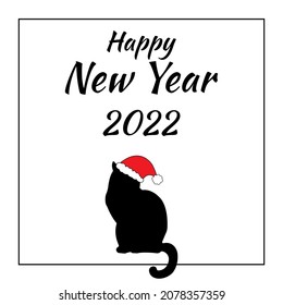 Happy New Year 2022. Silhouette of a cat dressed in a New Year hat. Congratulatory poster on a white background.
All elements are isolated. Vector illustration