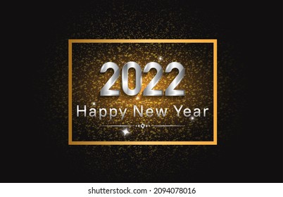 happy new year 2022 silver color with golden glitter in square isolated black background for celebration event