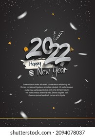 happy new year 2022 silver number with confetti isolated black background for celebration event