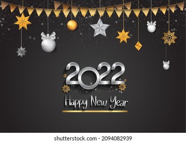 happy new year 2022 silver number with christmas element isolated on black background for celebration event