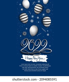 happy new year 2022 silver color with party element isolated blue background for celebration event