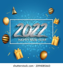Happy New Year 2022 Silbernummer mit Konfetti, Geschenkbox und Ballons einzeln blauer Hintergrund für Feierlichkeiten