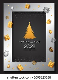 happy new year 2022 silver color with pine tree isolated black background for celebration event