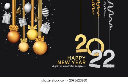 happy new year 2022 silver and golden number with hanging party element isolated on black background for celebration event