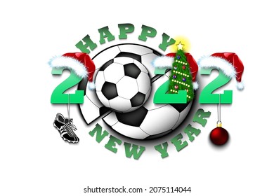 Happy new year. 2022 with soccer ball. Numbers in Christmas hats with football boot and Christmas tree ball. Original template design for greeting card. Vector illustration on isolated background