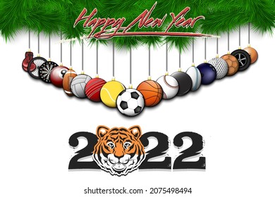 Happy New Year 2022. Soccer, football, basketball, tennis, baseball, volleyball, golf, bowling, billiard, cricket, rugby balls hanging on a Christmas tree branch. Vector illustration