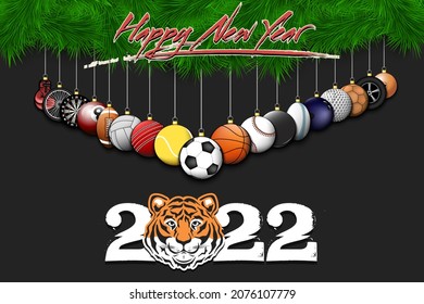 Happy New Year 2022. Soccer, football, basketball, tennis, baseball, volleyball, golf, bowling, billiard, cricket, rugby balls hanging on a Christmas tree branch. Vector illustration